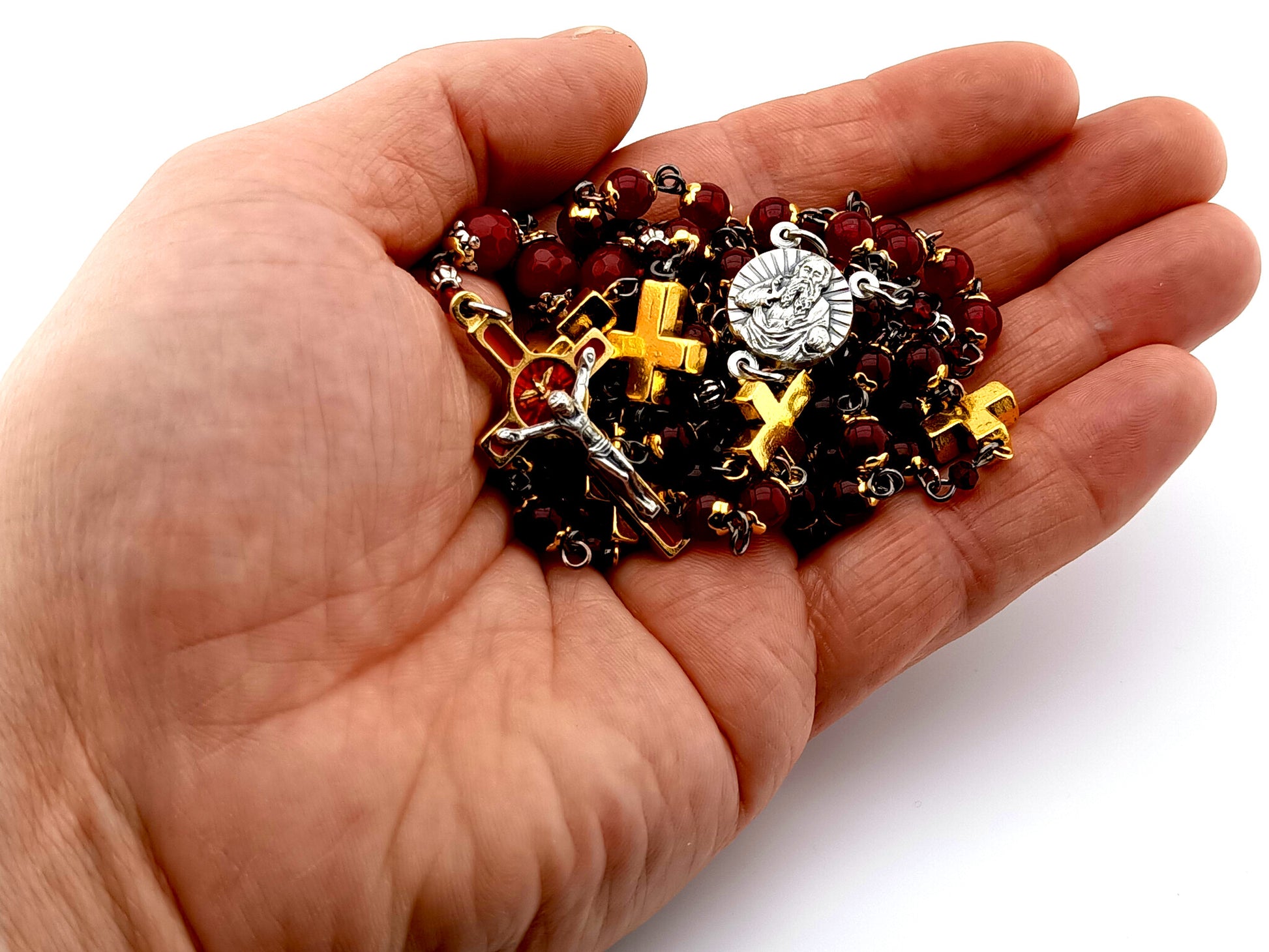 God the Father unique rosary beads jasper gemstone prayer chaplet with Holy Spirit red enamel crucifix and gold cross beads.