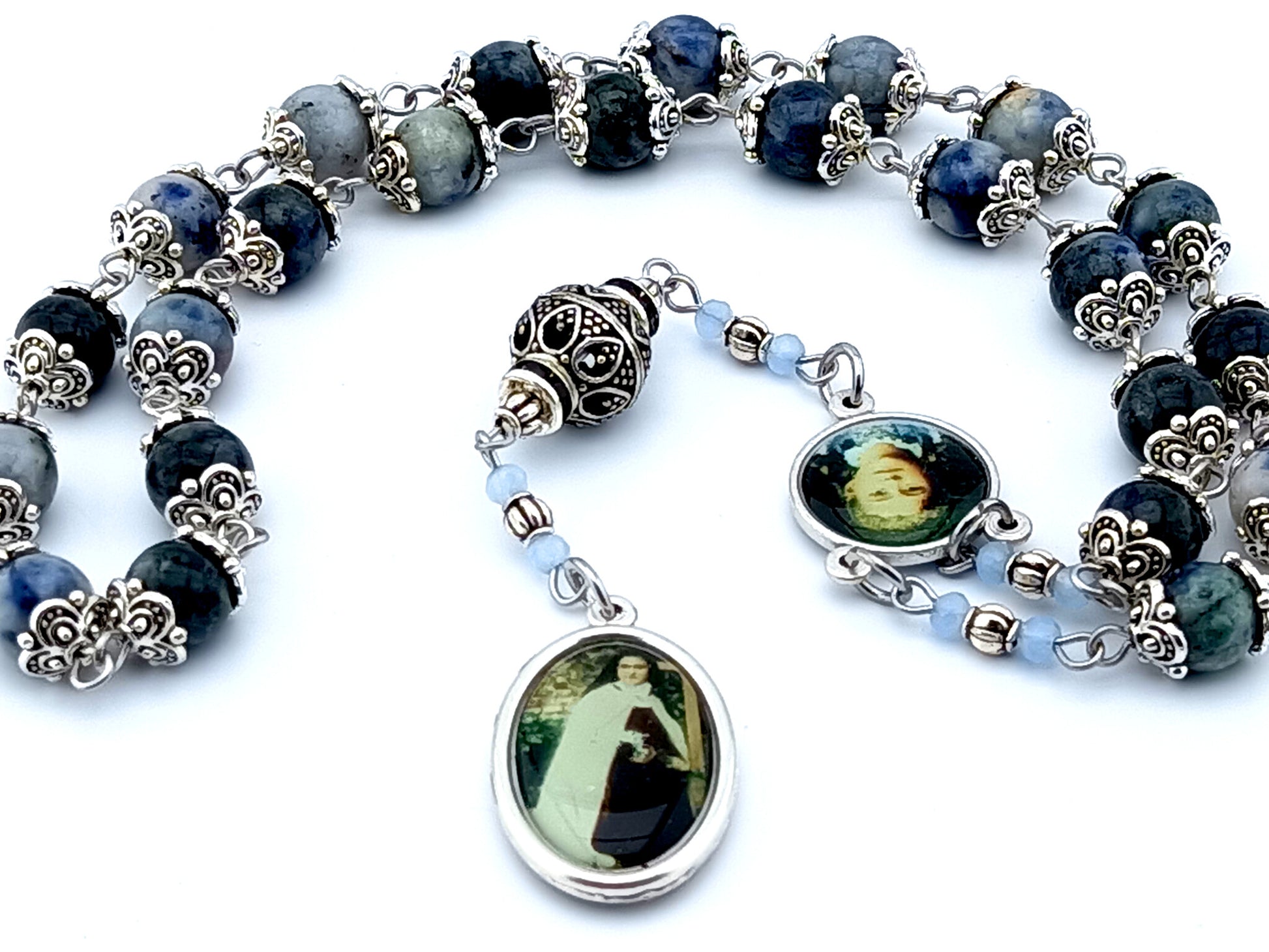 Saint Therese of Lisieux unique rosary beads gemstone prayer chaplet with Guardian Angel picture medal and Saint Therese the little flower picture medal.