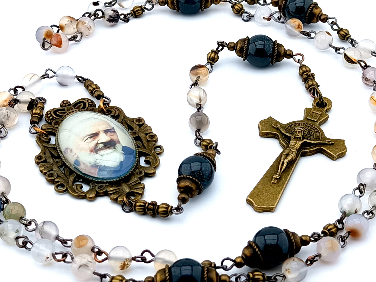 Saint Padre Pio unique rosary beads vintage style agate gemstone rosary beads with brass Saint Benedict crucifix.