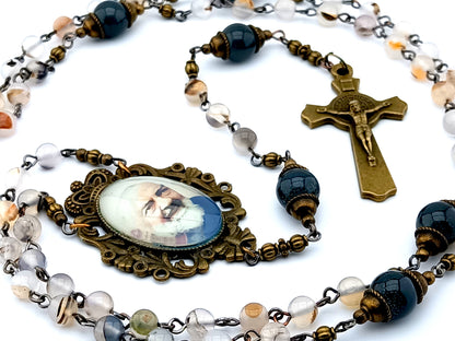 Saint Padre Pio unique rosary beads vintage style agate gemstone rosary beads with brass Saint Benedict crucifix.