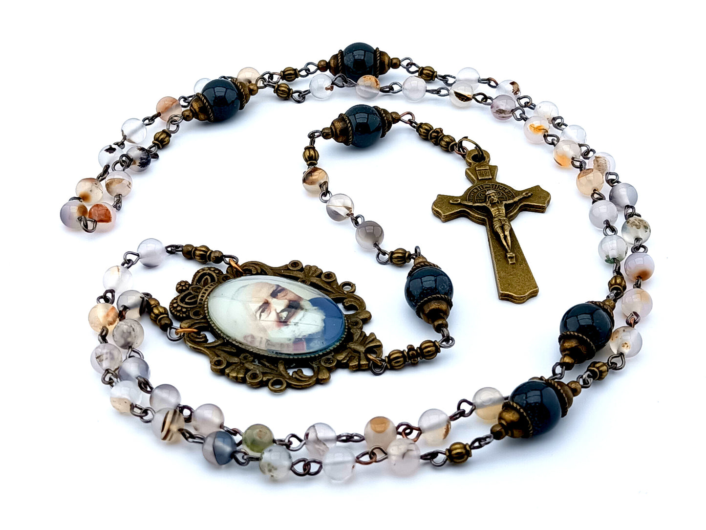 Saint Padre Pio unique rosary beads vintage style agate gemstone rosary beads with brass Saint Benedict crucifix.