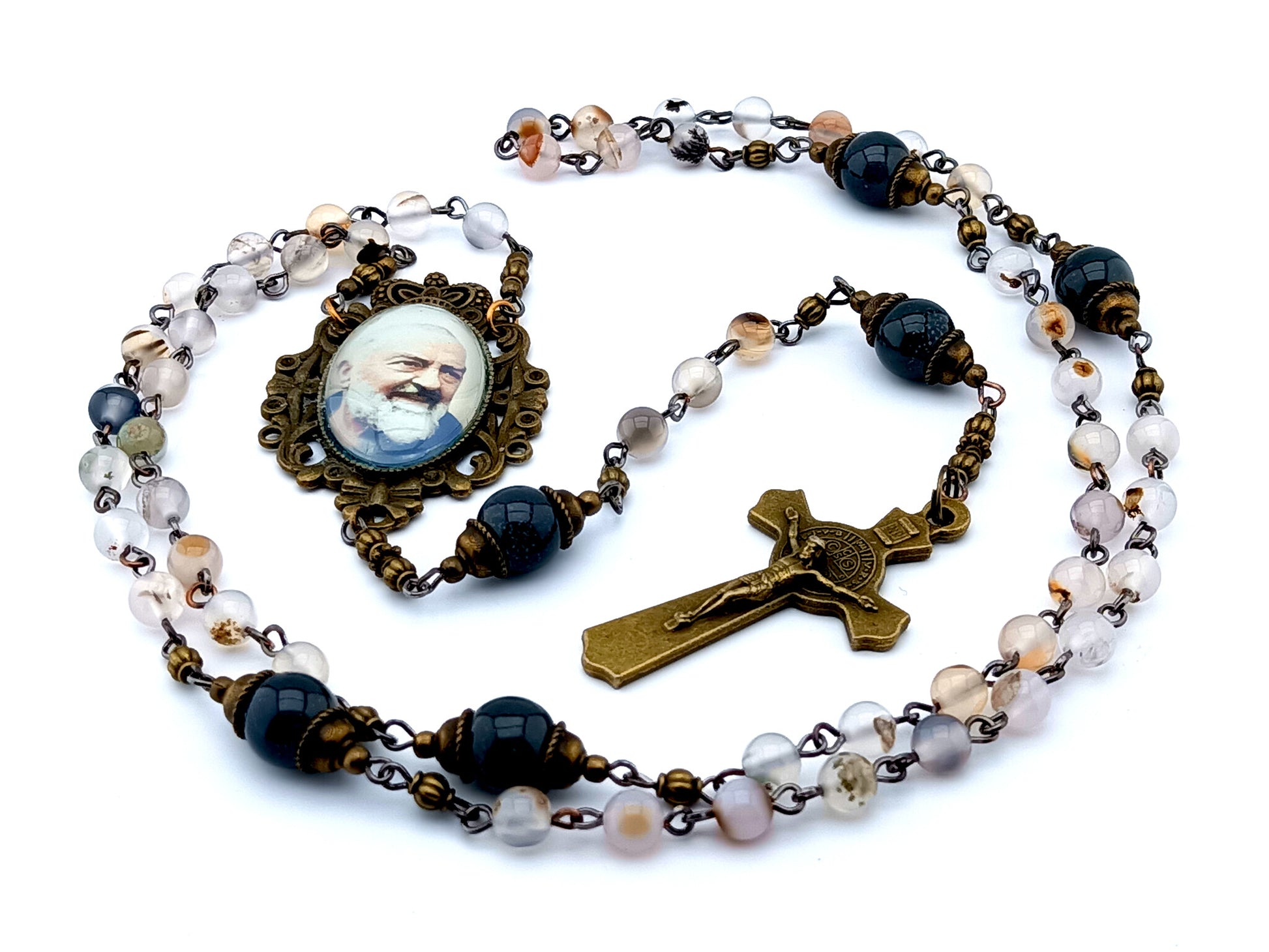 Saint Padre Pio unique rosary beads vintage style agate gemstone rosary beads with brass Saint Benedict crucifix.