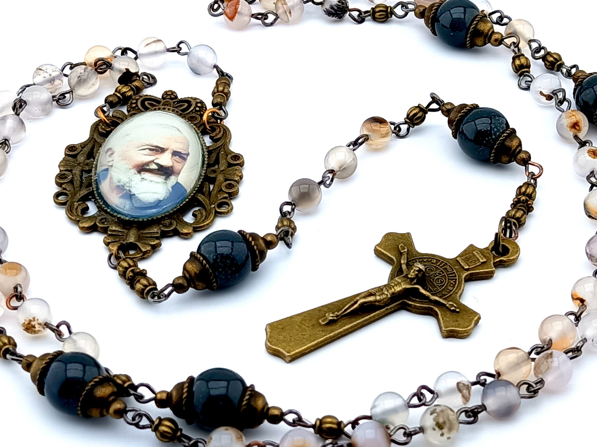 Saint Padre Pio unique rosary beads vintage style agate gemstone rosary beads with brass Saint Benedict crucifix.