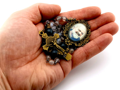 Saint Padre Pio unique rosary beads vintage style agate gemstone rosary beads with brass Saint Benedict crucifix.