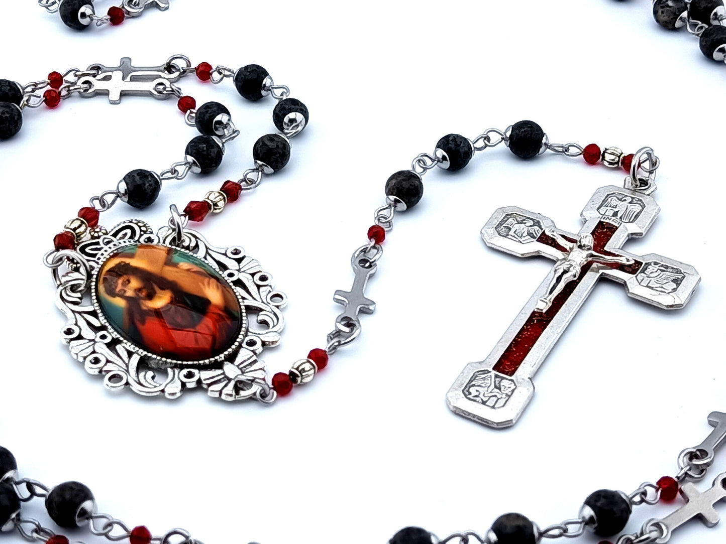 Way of the Cross unique rosary beads gemstone prayer chaplet beads with stainless steel linking cross bead and Stations of the Cross enamel crucifix.