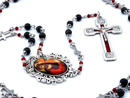 Way of the Cross unique rosary beads gemstone prayer chaplet beads with stainless steel linking cross bead and Stations of the Cross enamel crucifix.