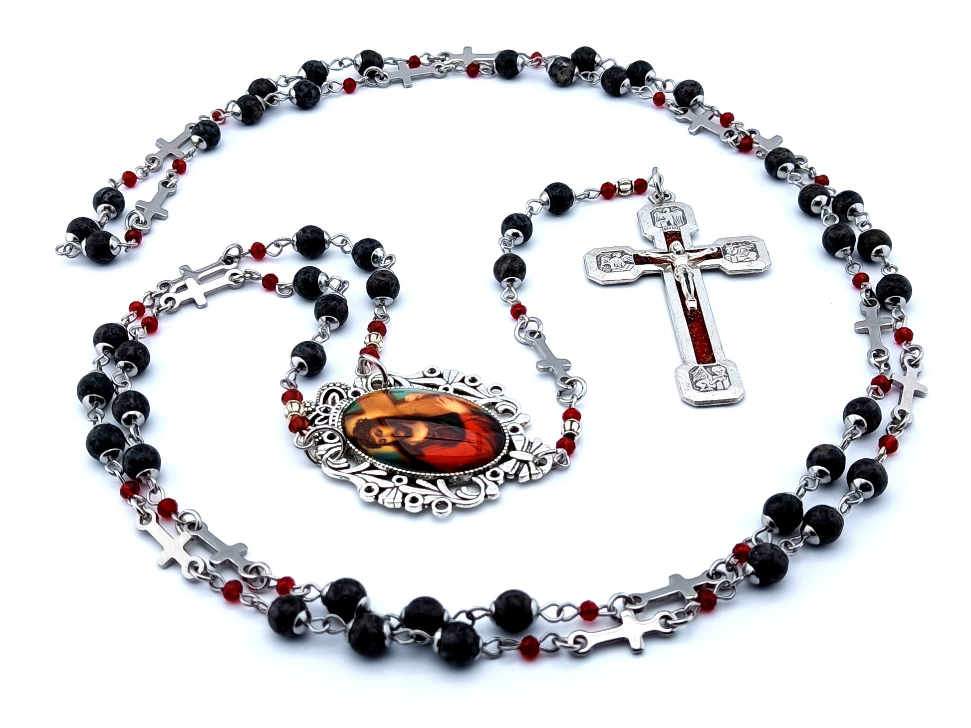 Way of the Cross unique rosary beads gemstone prayer chaplet beads with stainless steel linking cross bead and Stations of the Cross enamel crucifix.