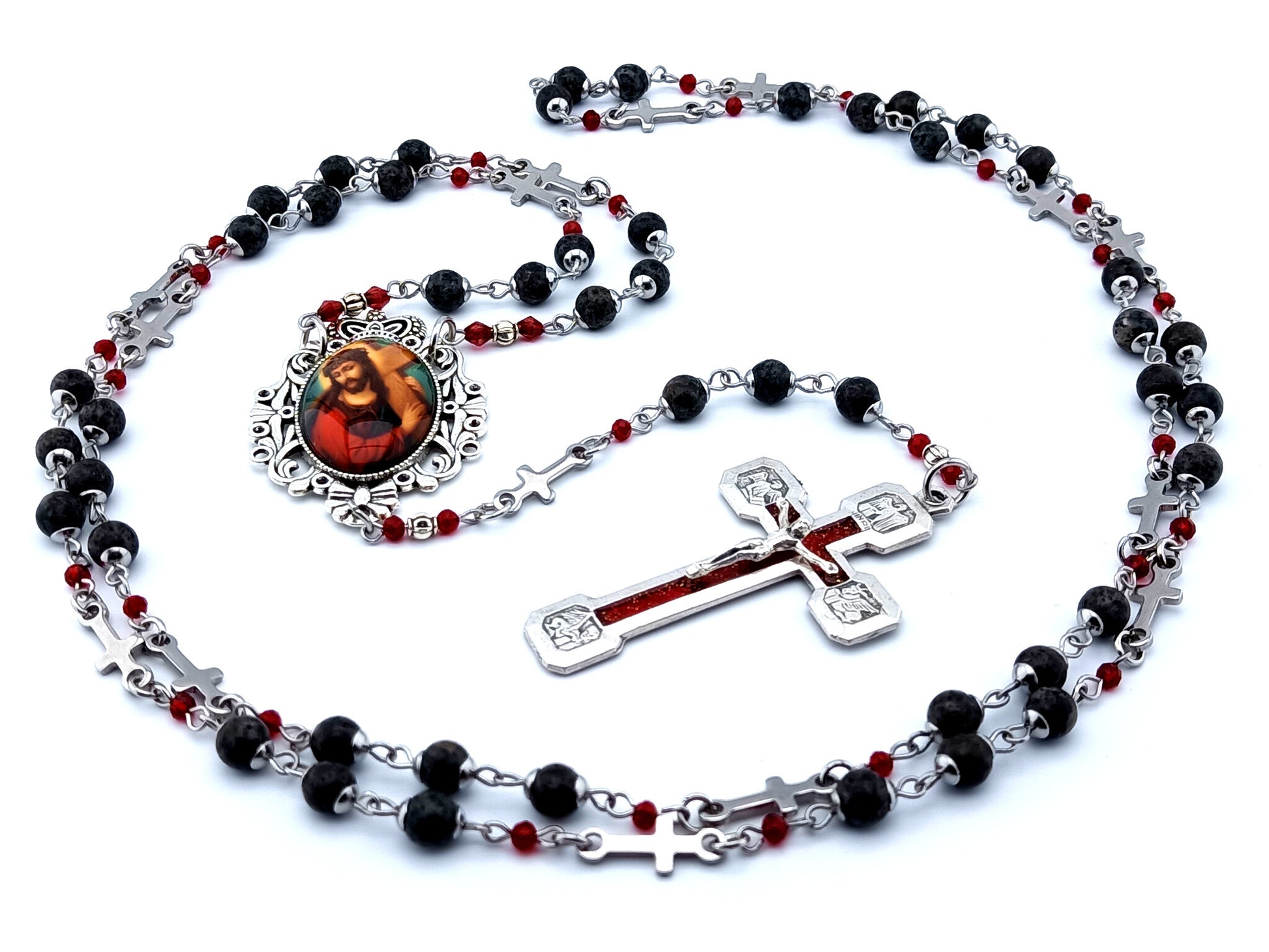 Way of the Cross unique rosary beads gemstone prayer chaplet beads with stainless steel linking cross bead and Stations of the Cross enamel crucifix.