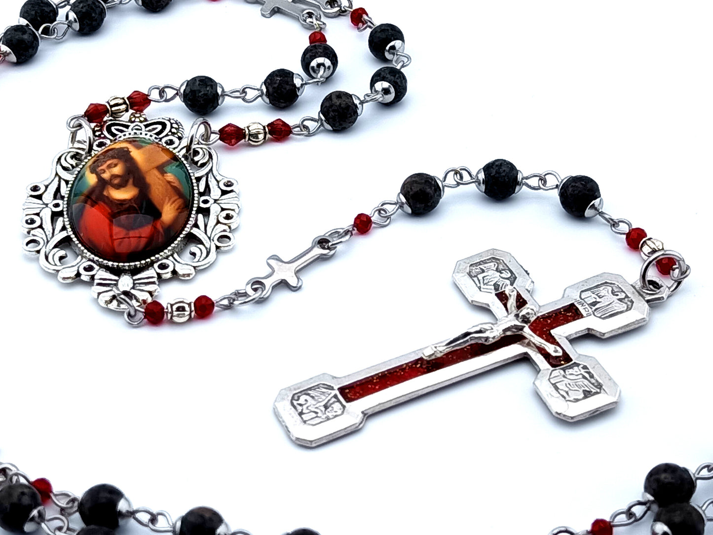 Way of the Cross unique rosary beads gemstone prayer chaplet beads with stainless steel linking cross bead and Stations of the Cross enamel crucifix.