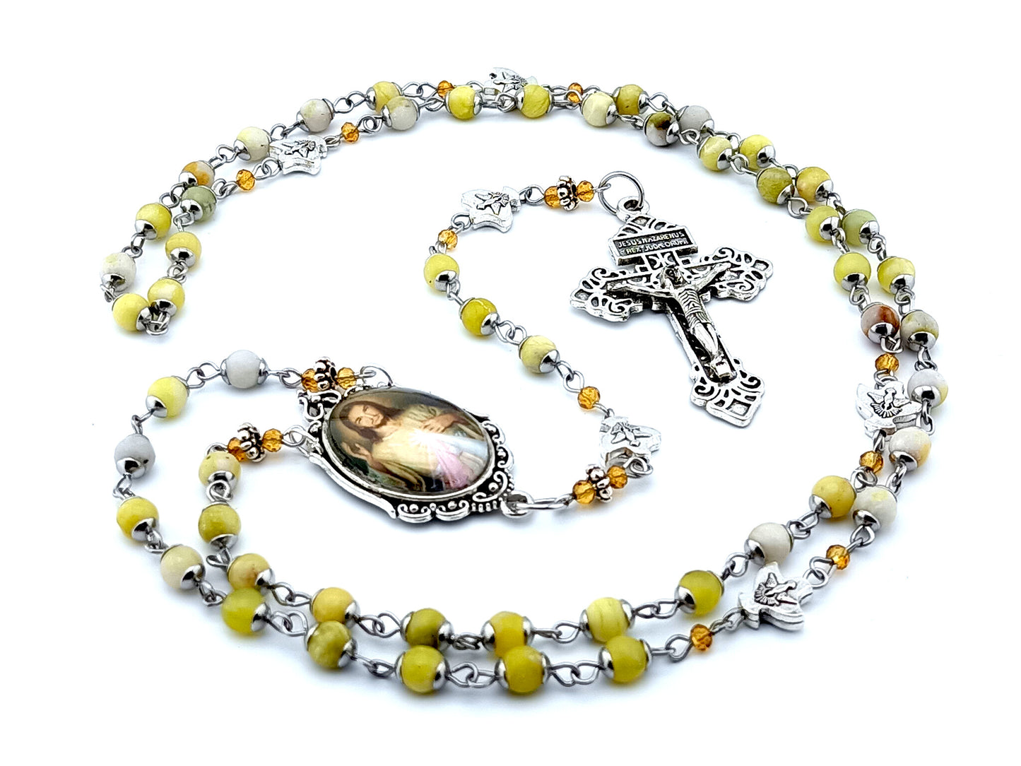 Divine Mercy and Our Lady of Grace unique rosary beads citrine gemstone rosary beads with Holy Spirit Our Father beads and pardon crucifix.