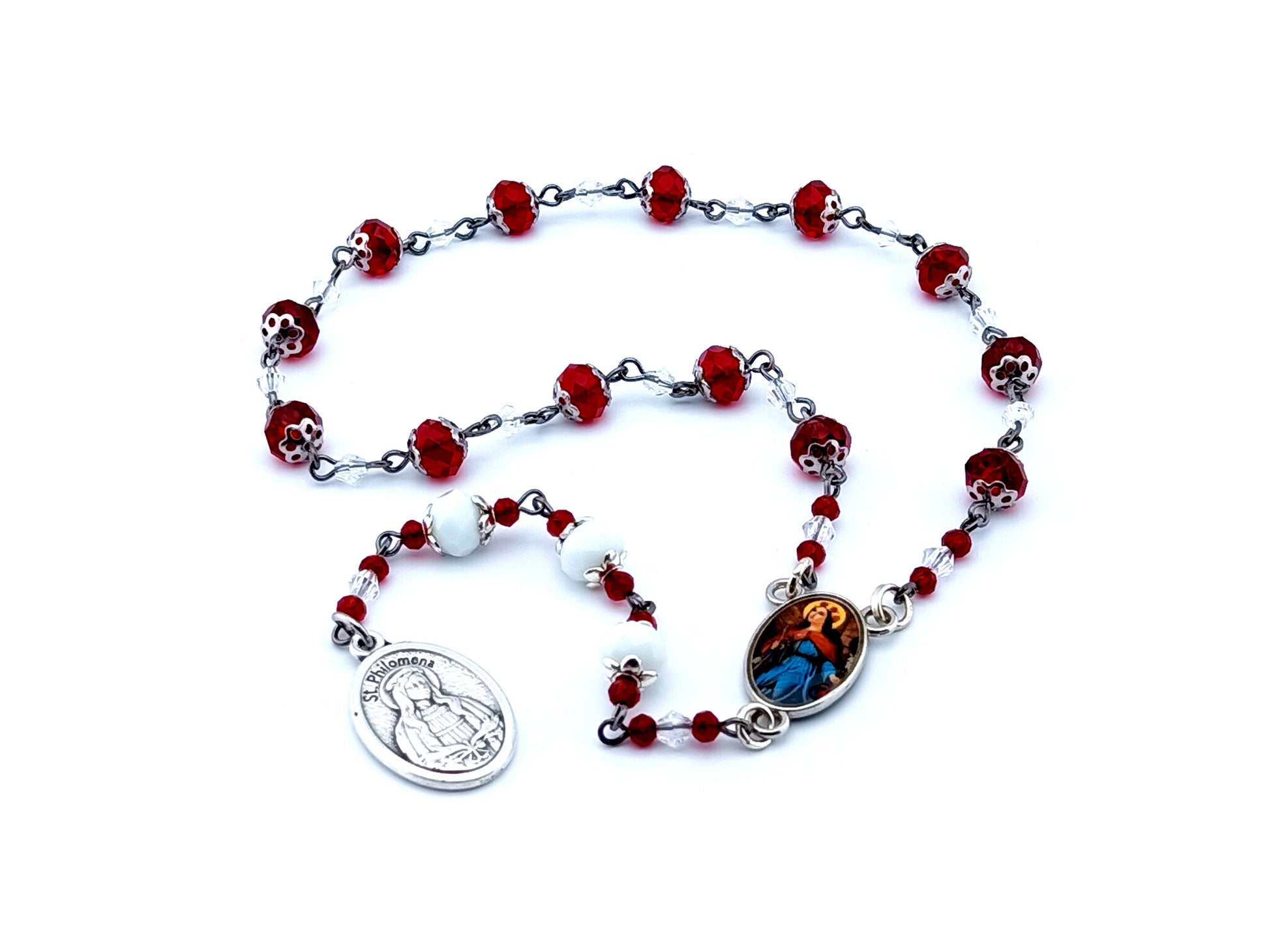 Saint Philomena unique rosary beads faceted glass prayer chaplet with double sided Saint Philomena medal.