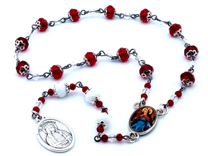 Saint Philomena unique rosary beads faceted glass prayer chaplet with double sided Saint Philomena medal.