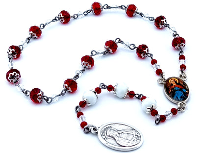 Saint Philomena unique rosary beads faceted glass prayer chaplet with double sided Saint Philomena medal.