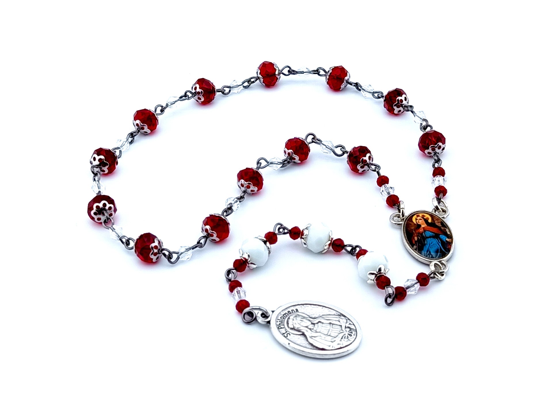 Saint Philomena unique rosary beads faceted glass prayer chaplet with double sided Saint Philomena medal.