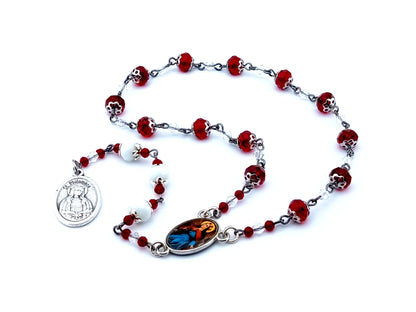 Saint Philomena unique rosary beads faceted glass prayer chaplet with double sided Saint Philomena medal.
