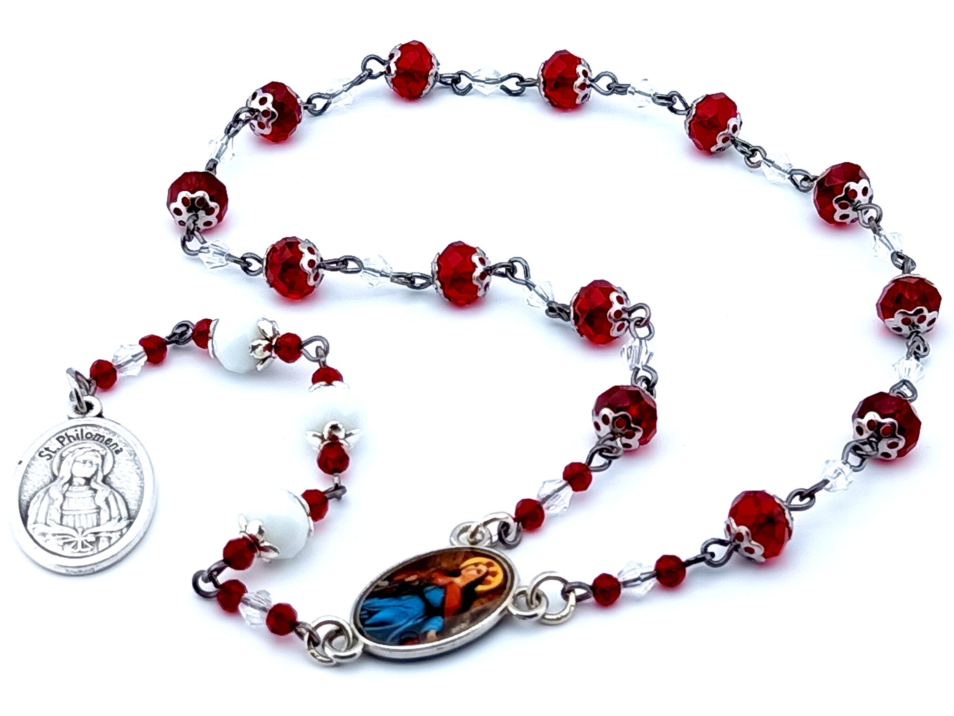 Saint Philomena unique rosary beads faceted glass prayer chaplet with double sided Saint Philomena medal.