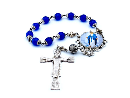 Our Lady of Grace unique rosary beads sapphire gemstone single decade rosary beads with the Resurrection crucifix.