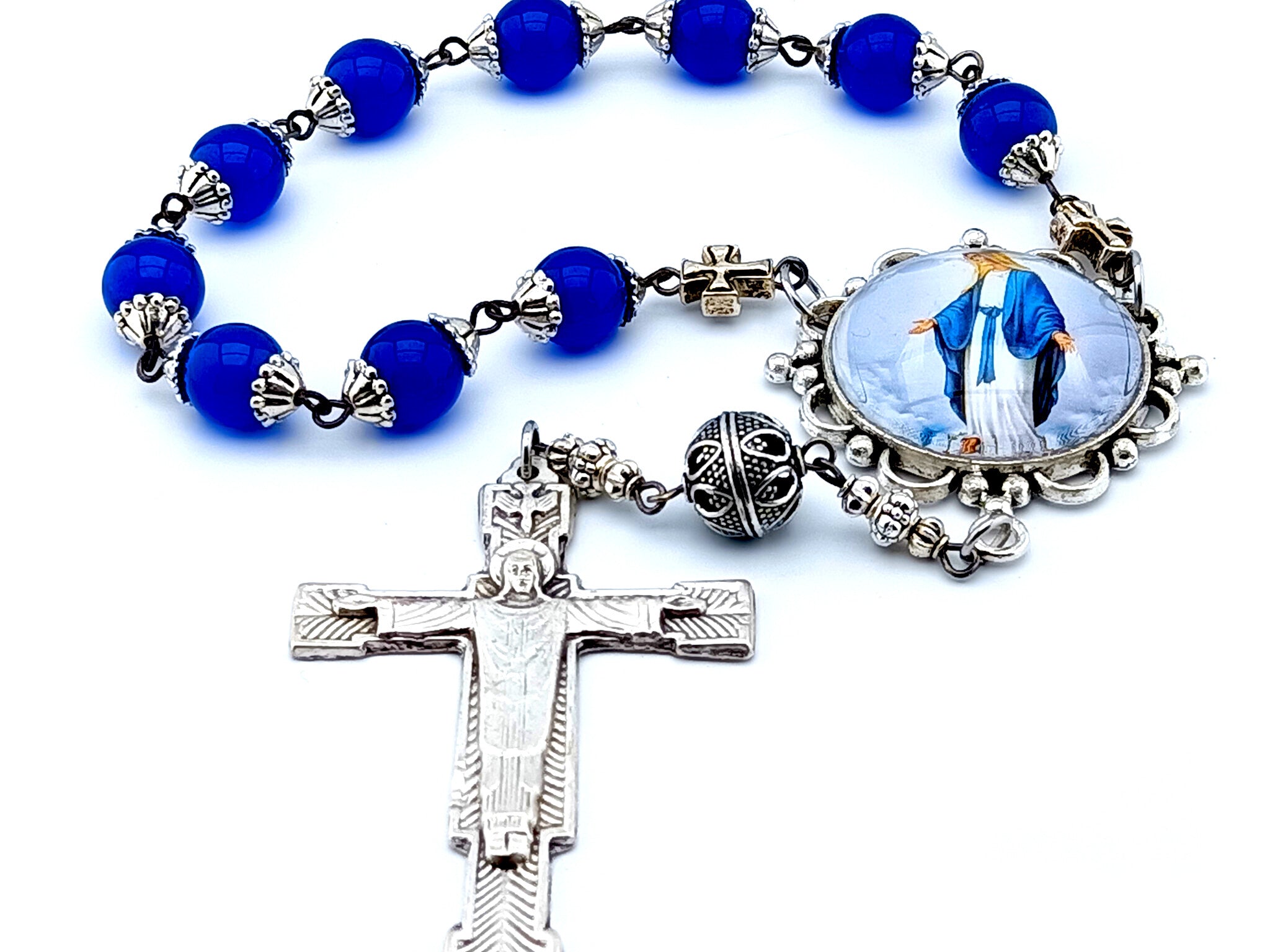 Our Lady of Grace sapphire gemstone single decade rosary beads with the  Resurrection crucifix.