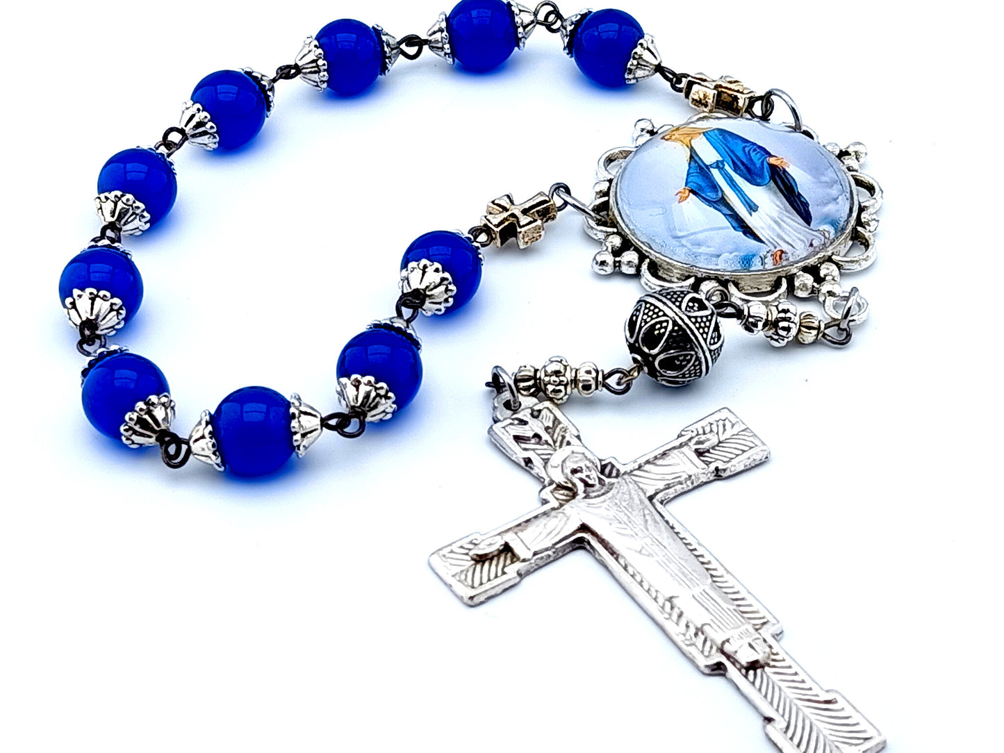 Our Lady of Grace unique rosary beads sapphire gemstone single decade rosary beads with the Resurrection crucifix.