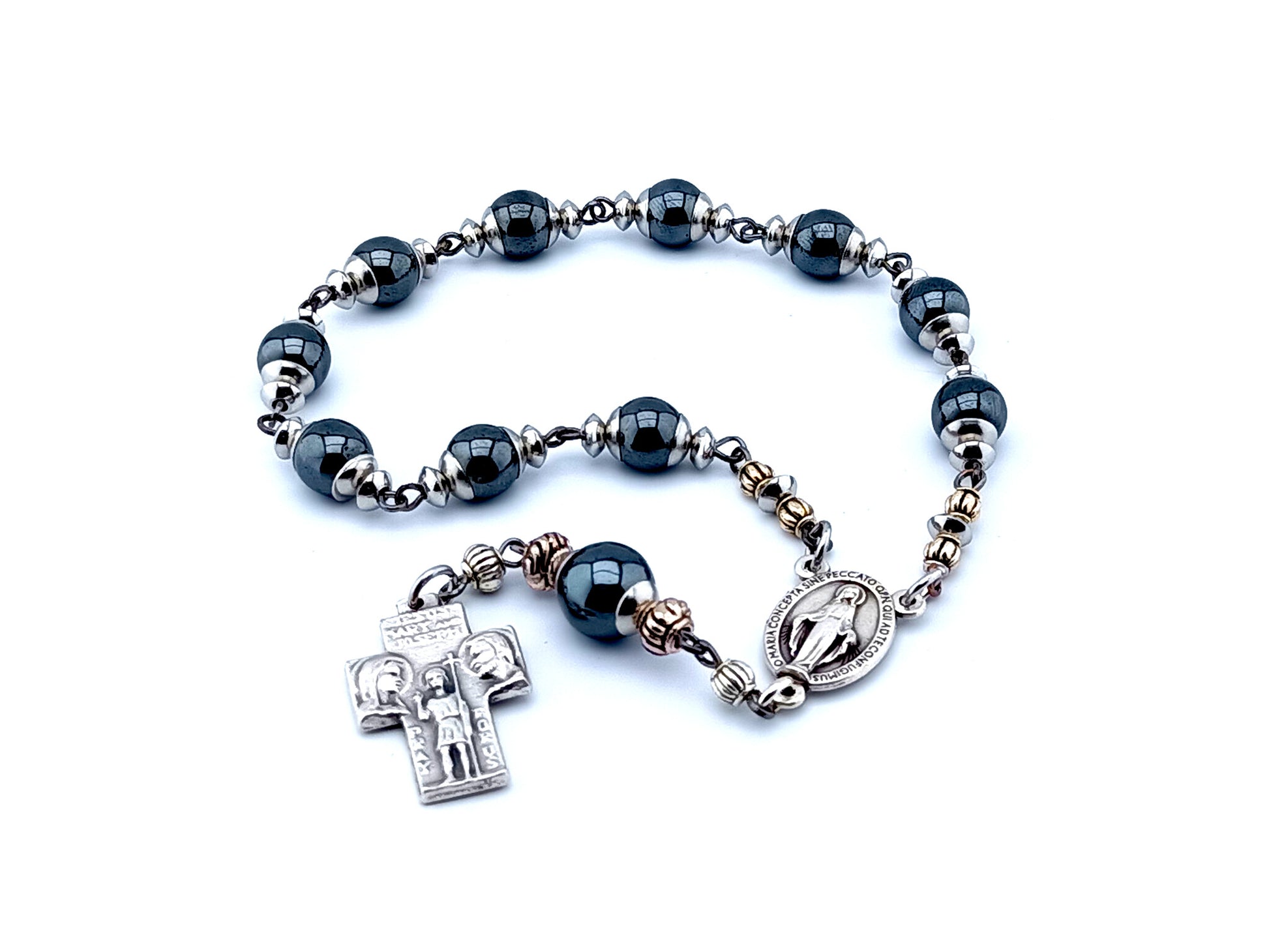 Saint Christopher and Holy Family unique rosary beads single decade hematite gemstone rosary beads with Miraculous medal center.