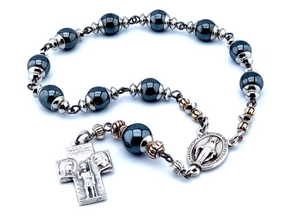 Saint Christopher and Holy Family unique rosary beads single decade hematite gemstone rosary beads with Miraculous medal center.