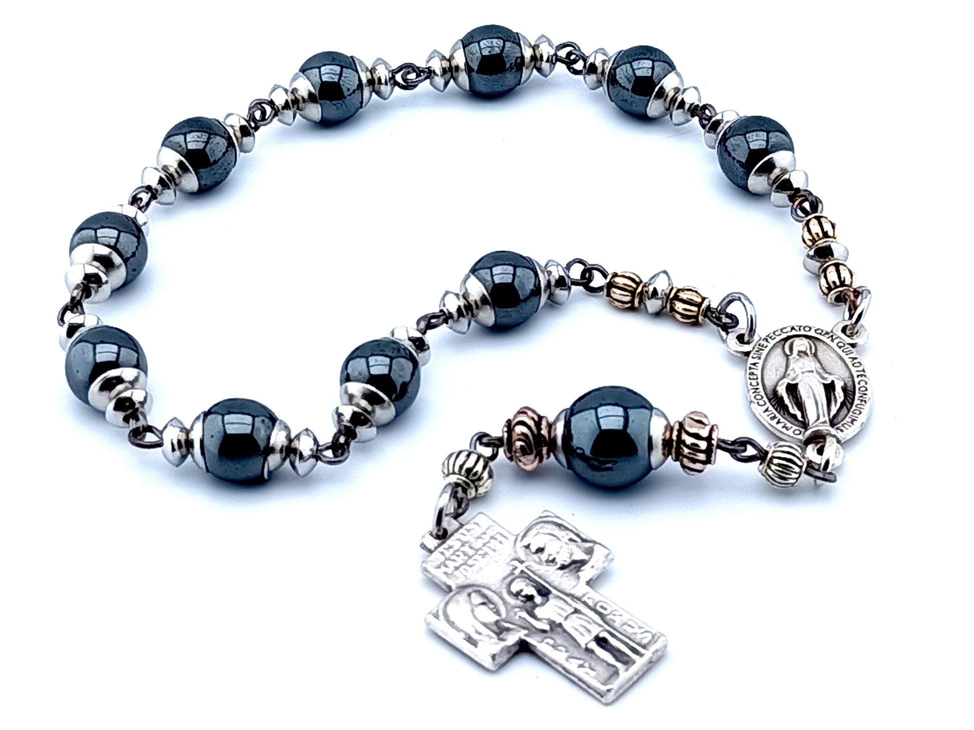 Saint Christopher and Holy Family unique rosary beads single decade hematite gemstone rosary beads with Miraculous medal center.