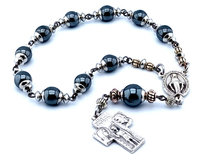 Saint Christopher and Holy Family unique rosary beads single decade hematite gemstone rosary beads with Miraculous medal center.