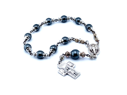 Saint Christopher and Holy Family unique rosary beads single decade hematite gemstone rosary beads with Miraculous medal center.