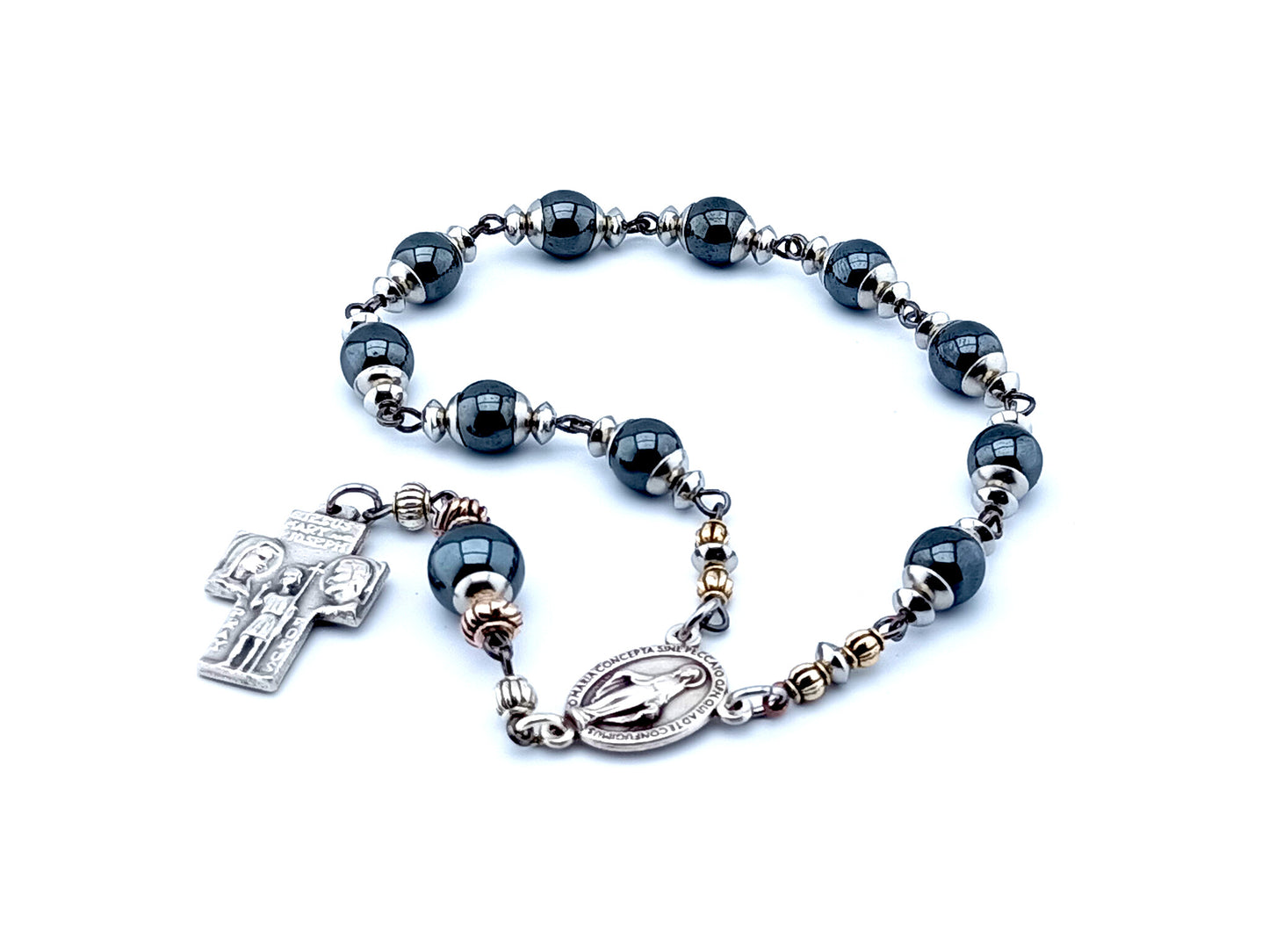 Saint Christopher and Holy Family unique rosary beads single decade hematite gemstone rosary beads with Miraculous medal center.