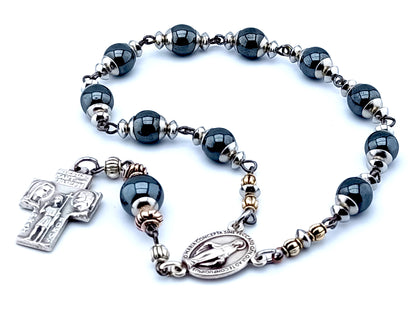 Saint Christopher and Holy Family unique rosary beads single decade hematite gemstone rosary beads with Miraculous medal center.