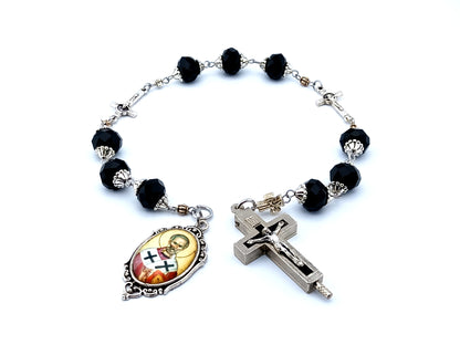 Saint Athanasius of Alexandria glass prayer chaplet with keepsake or relic holder black enamel crucifix and Saint Benedict linking crucifix.