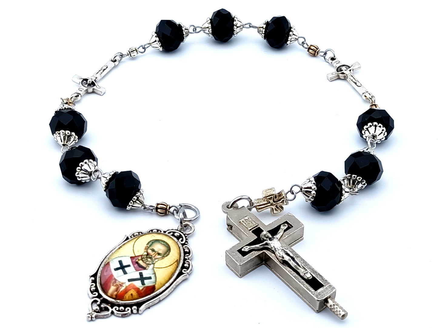 Saint Athanasius of Alexandria glass prayer chaplet with keepsake or relic holder black enamel crucifix and Saint Benedict linking crucifix.