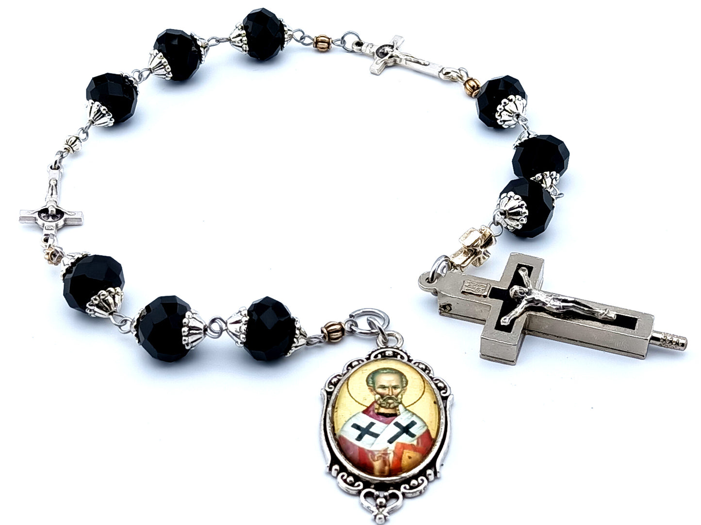 Saint Athanasius of Alexandria glass prayer chaplet with keepsake or relic holder black enamel crucifix and Saint Benedict linking crucifix.