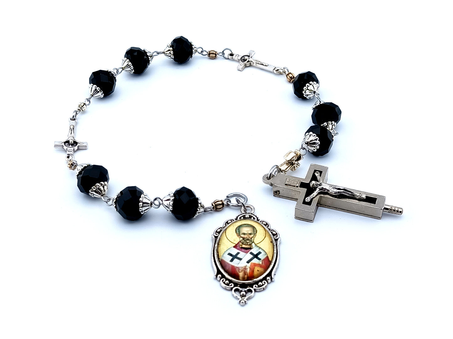 Saint Athanasius of Alexandria glass prayer chaplet with keepsake or relic holder black enamel crucifix and Saint Benedict linking crucifix.