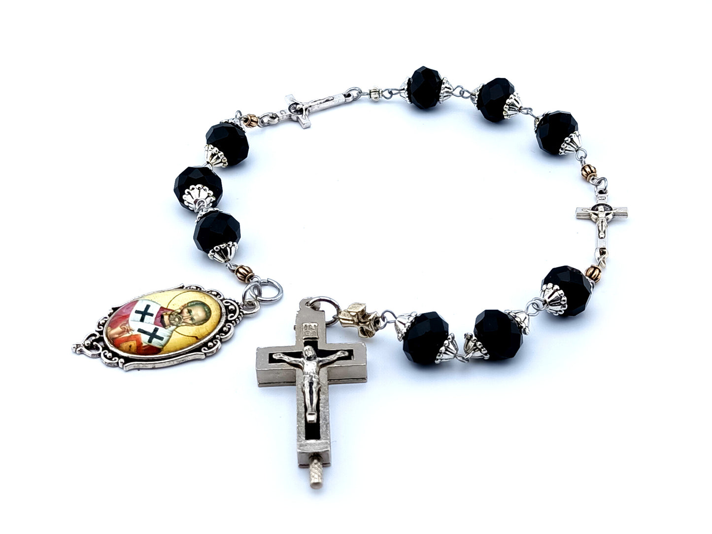 Saint Athanasius of Alexandria glass prayer chaplet with keepsake or relic holder black enamel crucifix and Saint Benedict linking crucifix.