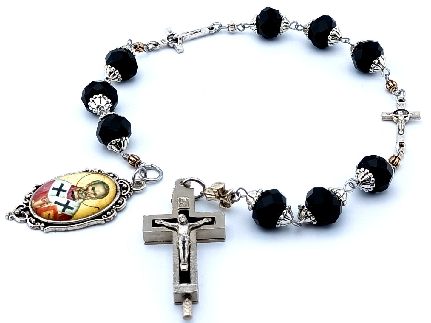 Saint Athanasius of Alexandria glass prayer chaplet with keepsake or relic holder black enamel crucifix and Saint Benedict linking crucifix.