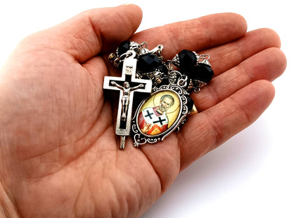 Saint Athanasius of Alexandria glass prayer chaplet with keepsake or relic holder black enamel crucifix and Saint Benedict linking crucifix.