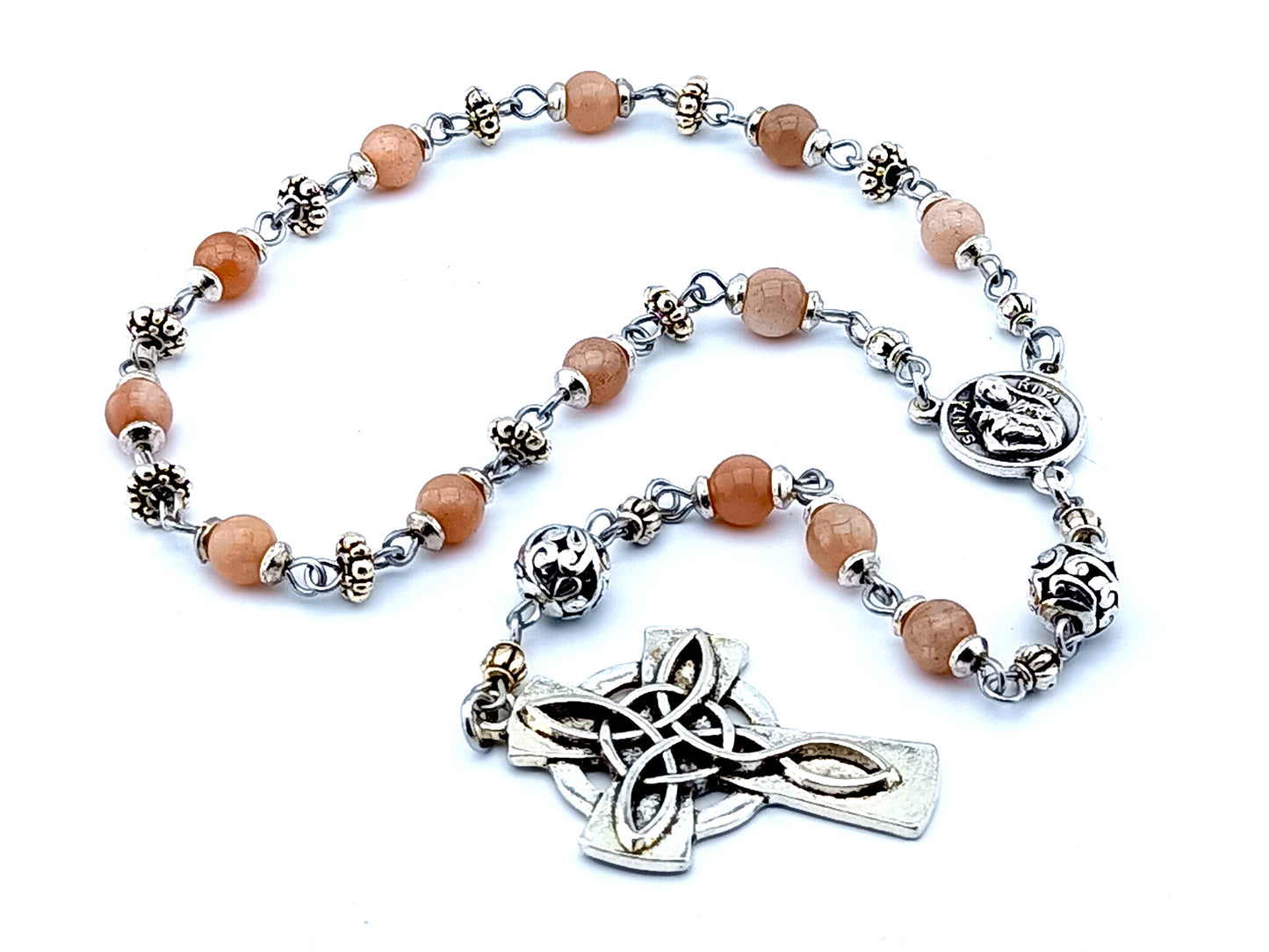 Saint Rita unique rosary beads gemstone single decade rosary beads with Celtic cross and rose center medal.