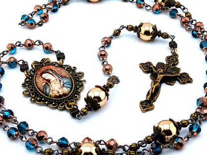 Vintage style Our Lady of Guadalupe unique rosary beads glass and gemstone rosary beads with brass crucifix.