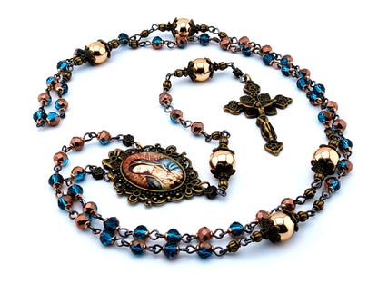 Vintage style Our Lady of Guadalupe unique rosary beads glass and gemstone rosary beads with brass crucifix.