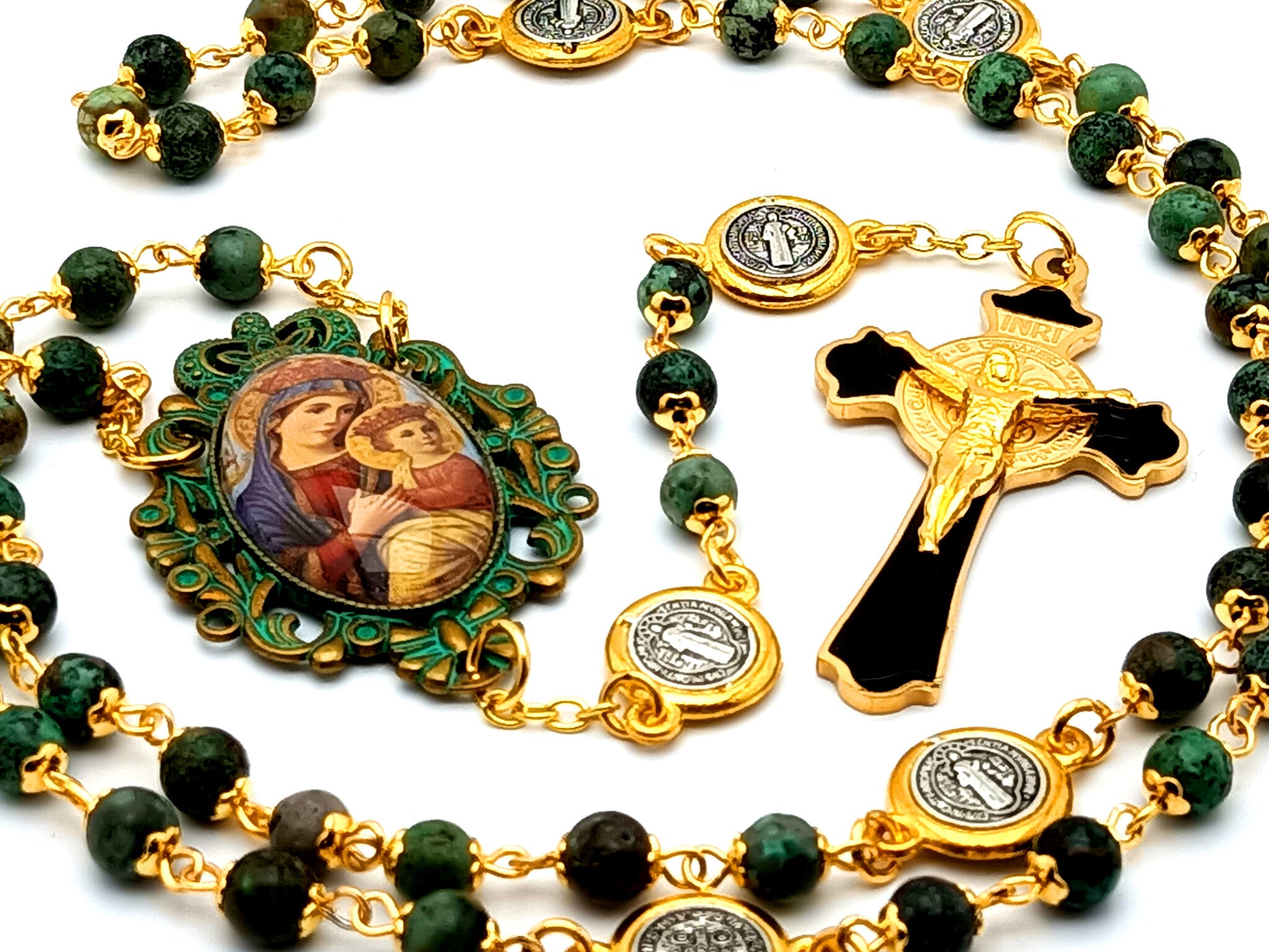 Verdigris Our Lady of Perpetual Help unique rosary beads jasper rosary beads with Saint Benedict black and gold plated stainless steel crucifix.