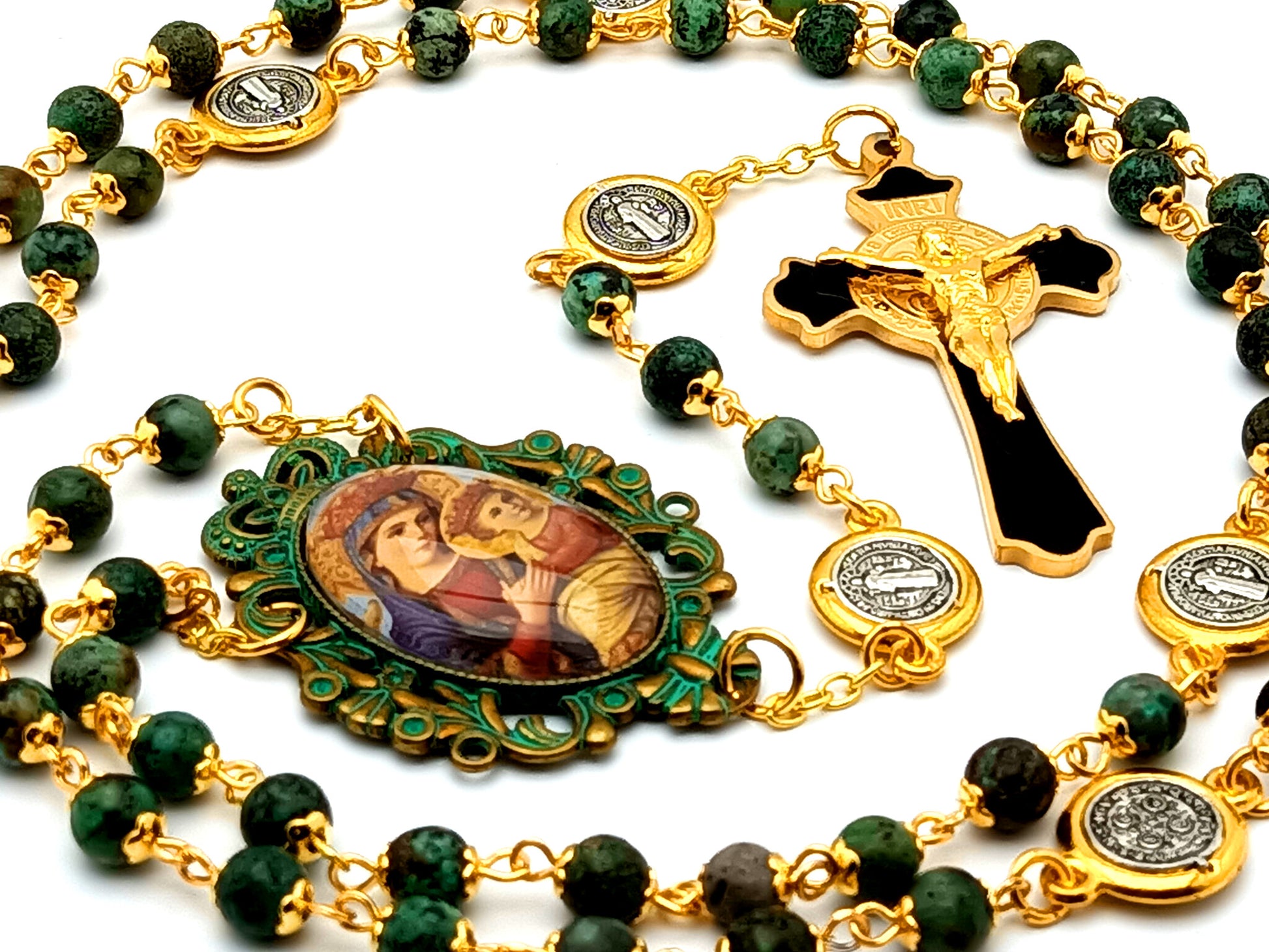 Verdigris Our Lady of Perpetual Help unique rosary beads jasper rosary beads with Saint Benedict black and gold plated stainless steel crucifix.