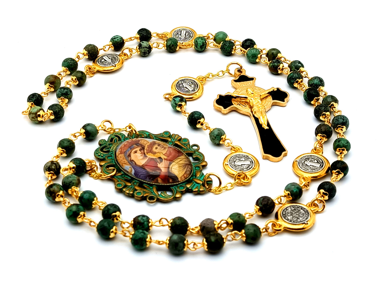 Verdigris Our Lady of Perpetual Help unique rosary beads jasper rosary beads with Saint Benedict black and gold plated stainless steel crucifix.