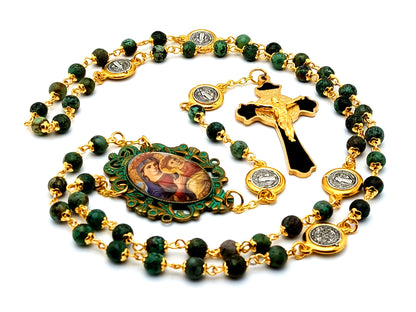 Verdigris Our Lady of Perpetual Help unique rosary beads jasper rosary beads with Saint Benedict black and gold plated stainless steel crucifix.