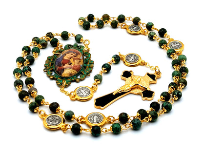 Verdigris Our Lady of Perpetual Help unique rosary beads jasper rosary beads with Saint Benedict black and gold plated stainless steel crucifix.