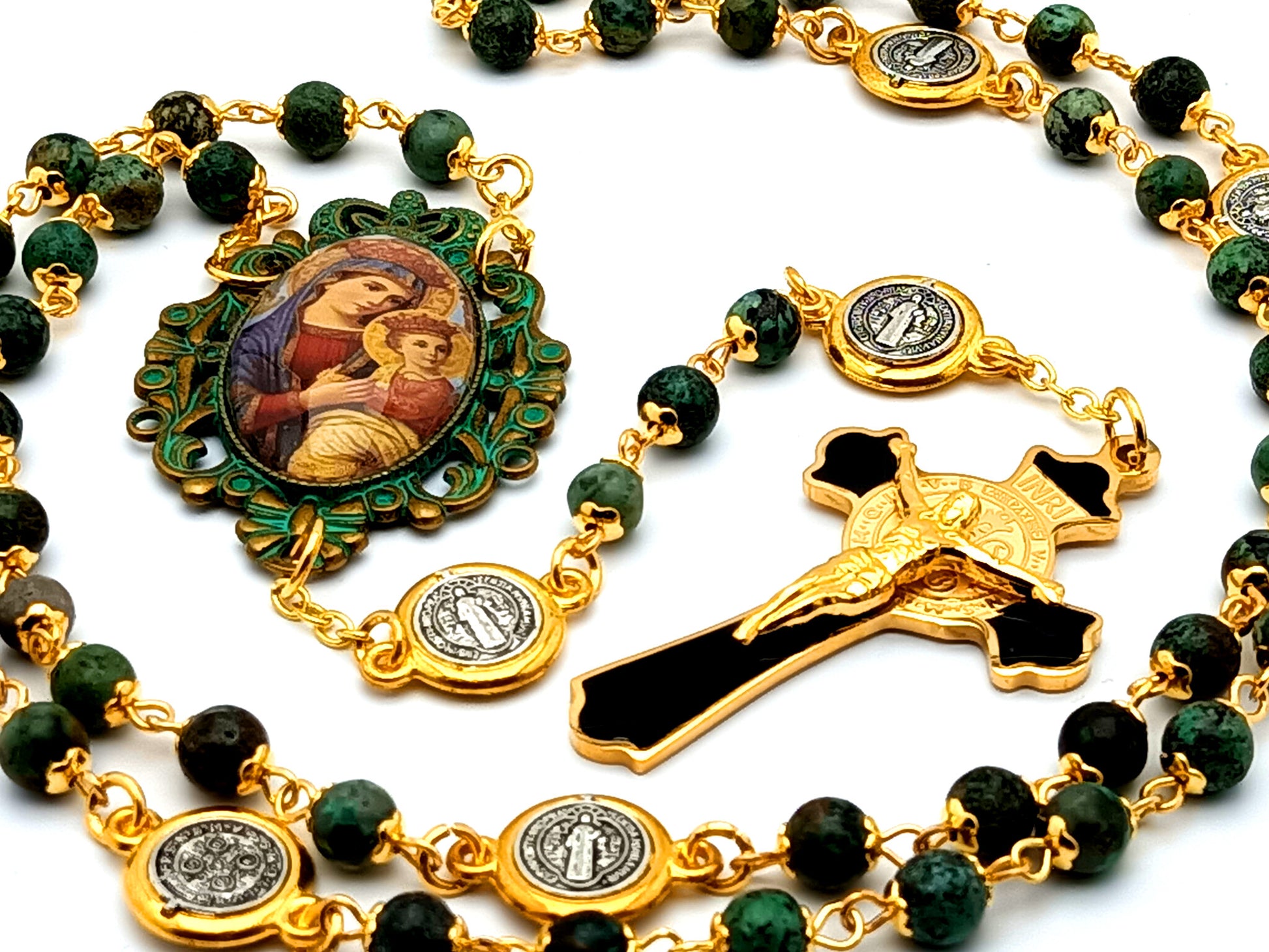 Verdigris Our Lady of Perpetual Help unique rosary beads jasper rosary beads with Saint Benedict black and gold plated stainless steel crucifix.