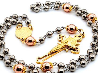 Saint Benedict unique rosary beads with stainless steel and rose gold hematite gemstone beads and etched gold plated Saint Benedict crucifix.