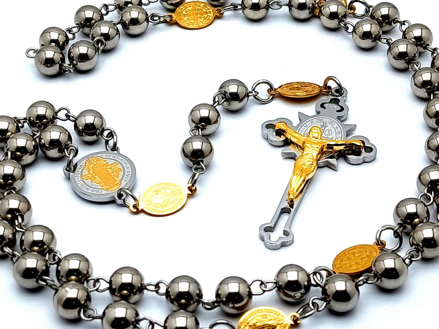 Saint Benedict unique rosary beads stainless steel rosary beads with etched gold plated stainless steel beads and Saint Benedict etched crucifix.