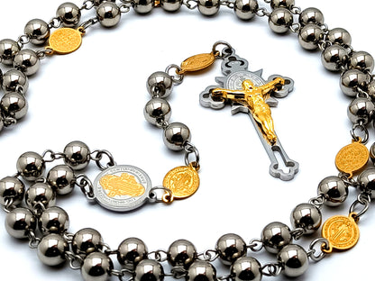 Saint Benedict unique rosary beads stainless steel rosary beads with etched gold plated stainless steel beads and Saint Benedict etched crucifix.