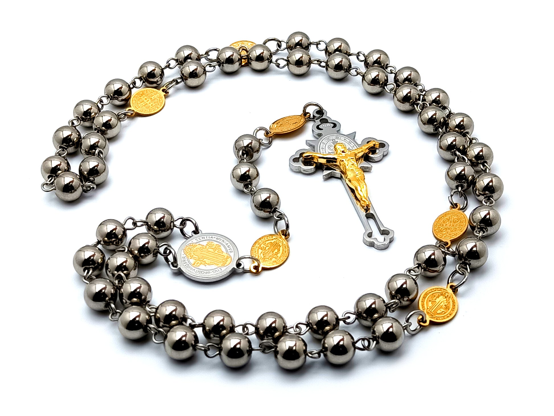 Saint Benedict unique rosary beads stainless steel rosary beads with etched gold plated stainless steel beads and Saint Benedict etched crucifix.